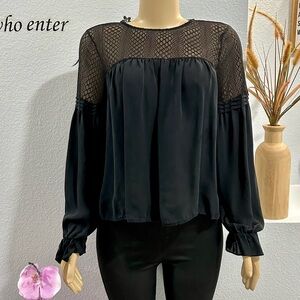 Parker Lace Yoke Blouse Antonia Black Silk Size M Medium Long Sleeve Top
